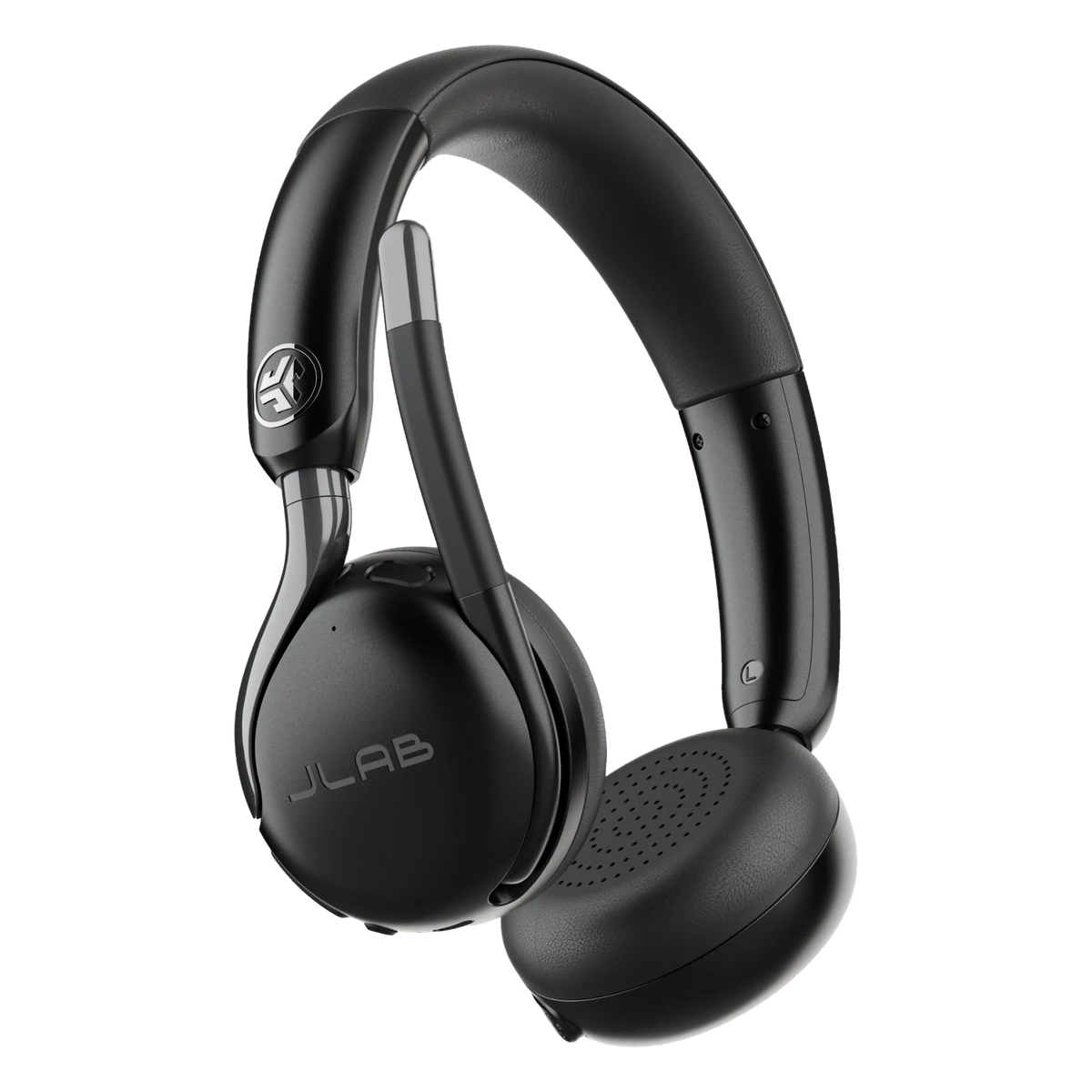 Sort JLab GO Work 3 trådløst on-ear-headset med mikrofonarm, polstrede ørekopper og støjreducerende Bluetooth-teknologi.