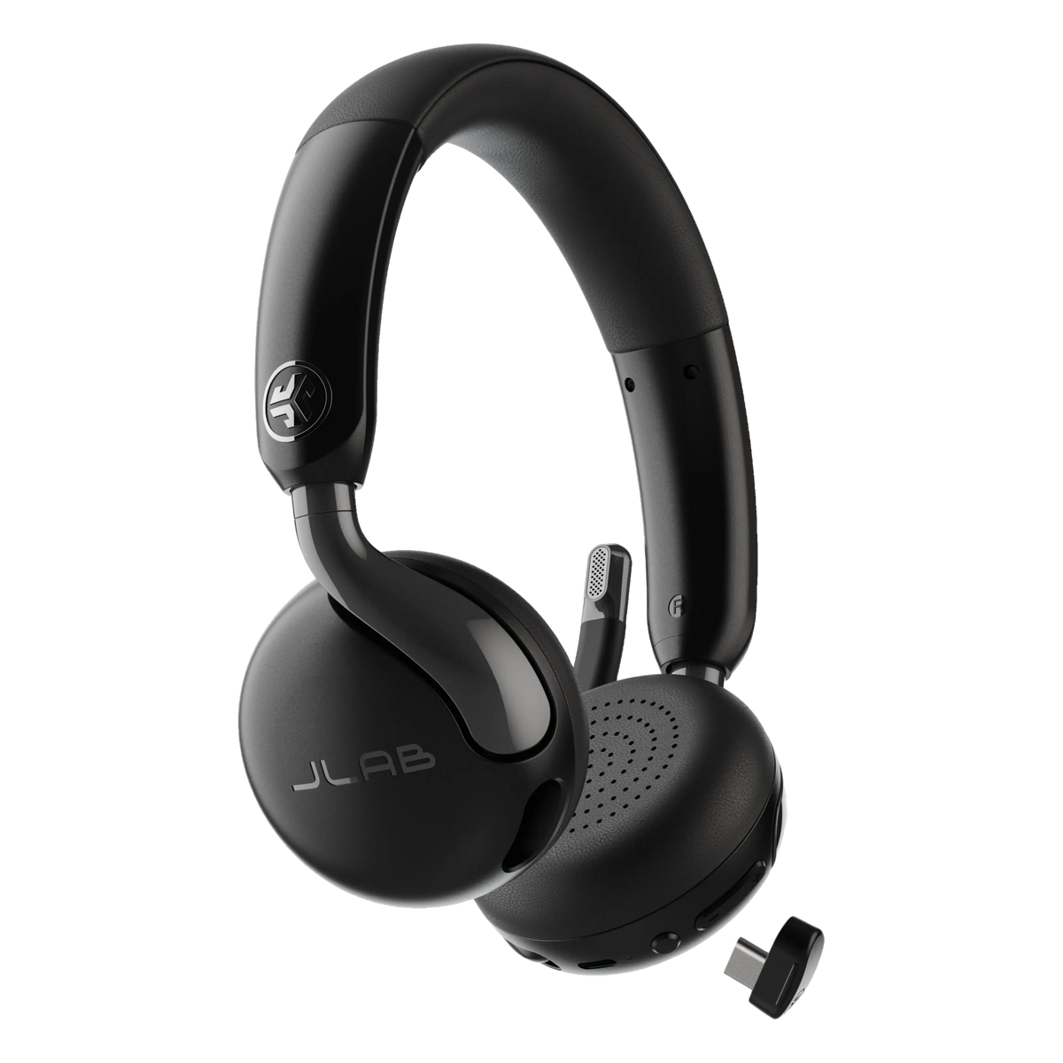Sort JLab GO Work 3 trådløst on-ear-headset med boom-mikrofon, Bluetooth Multipoint og USB-C-dongle.
