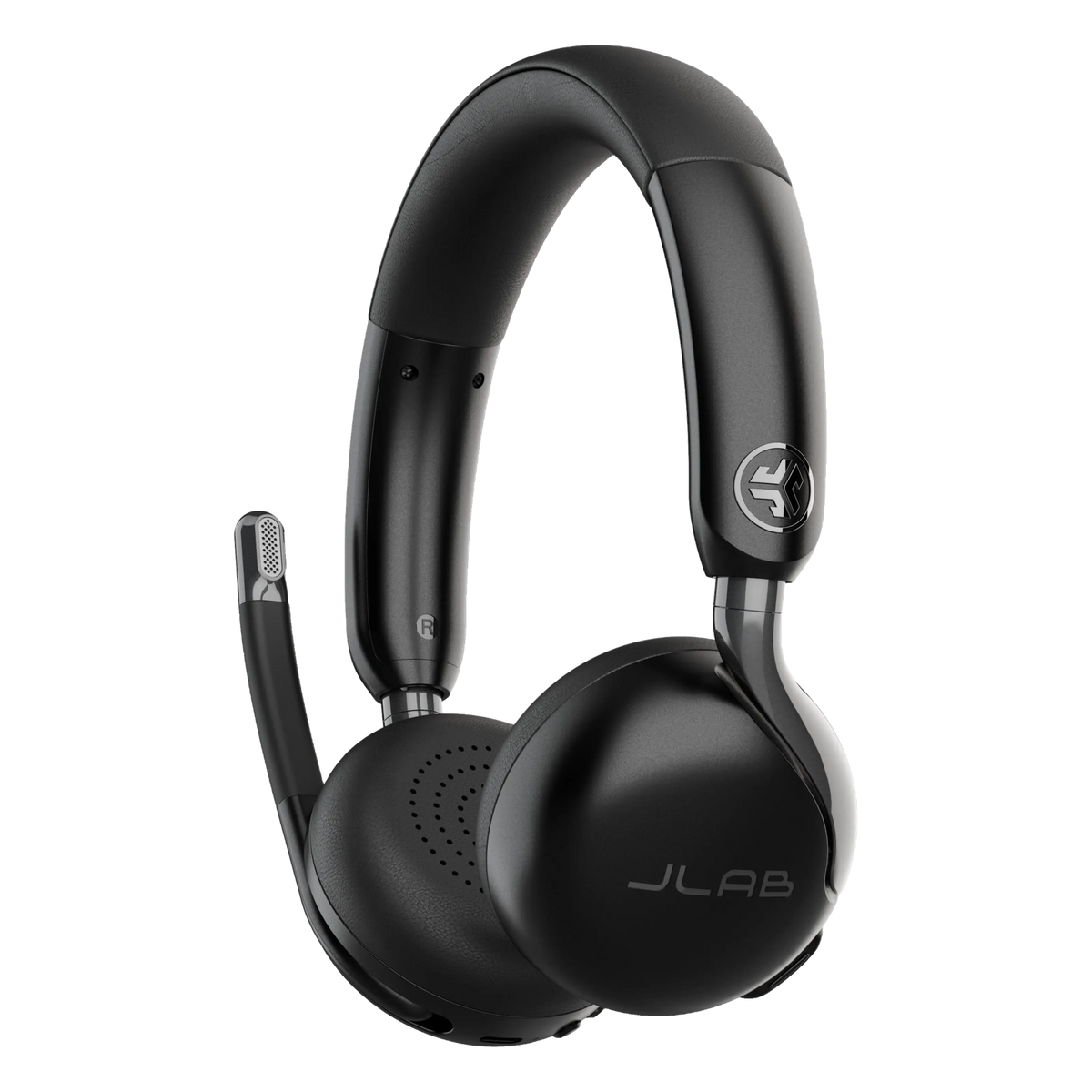 JLab GO Work 3 trådløse on-ear-hovedtelefoner i sort med boom-mikrofon, polstret hovedbøjle og Bluetooth Multipoint.