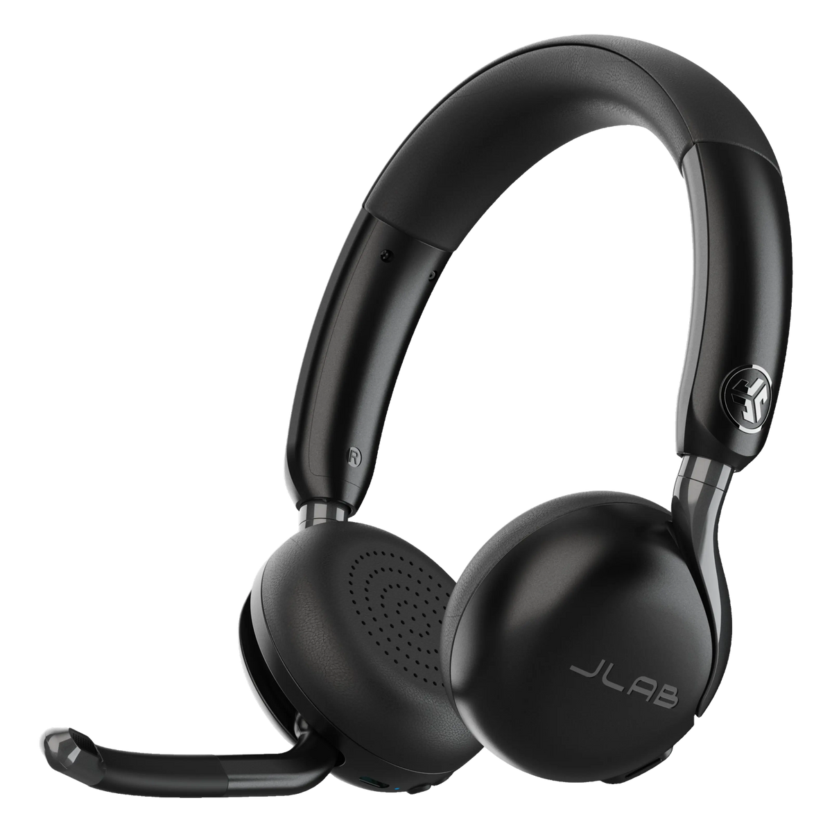 JLab GO Work 3 trådløst on-ear-headset, sort, med støjreduktion, mikrofonarm og poleret hovedbøjle.