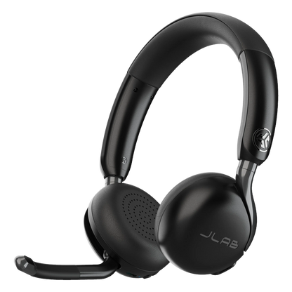 JLab GO Work 3 trådløst on-ear-headset, sort, med støjreduktion, mikrofonarm og poleret hovedbøjle.