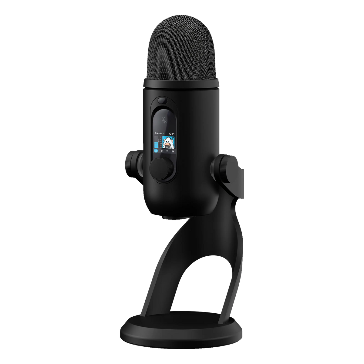Logitech G Yeti 2 USB-mikrofon i sort med AI-støjreduktion på foden og digitalt display med ikon og lydniveau.