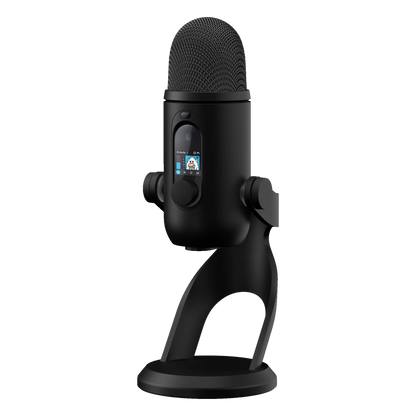 Logitech G Yeti 2 USB-mikrofon i sort med AI-støjreduktion på foden og digitalt display med ikon og lydniveau.