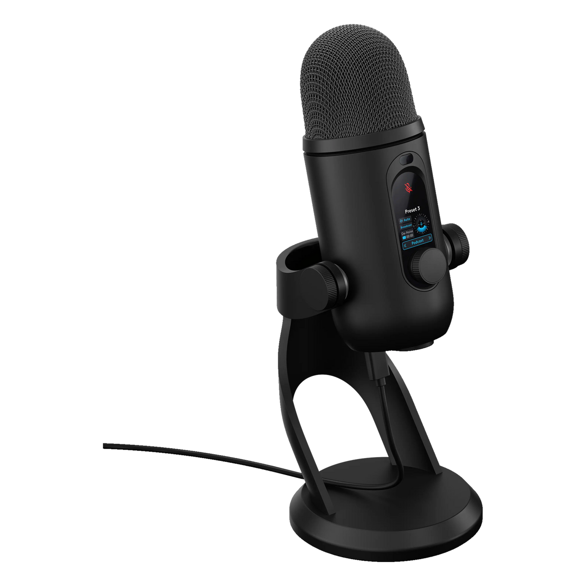 Logitech G Yeti 2 USB-mikrofon i sort med AI-støjreduktion, rund fod, digitalt display og kontrolknap.