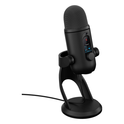 Logitech G Yeti 2 USB-mikrofon i sort med AI-støjreduktion, rund fod, digitalt display og kontrolknap.