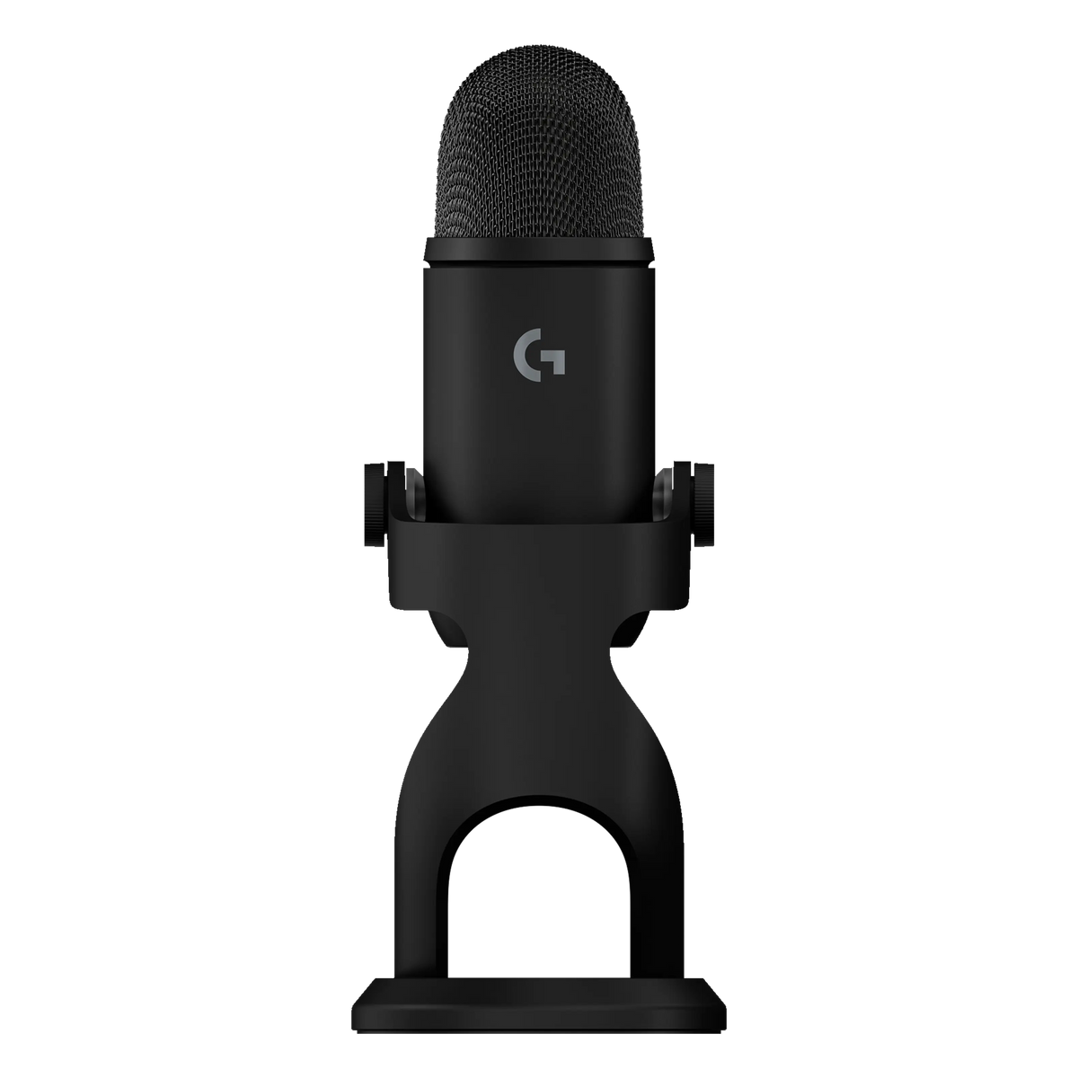 Logitech G Yeti 2 USB-mikrofon i sort med AI-støjreduktion på bordstativ med rundt gitter og logo foran.