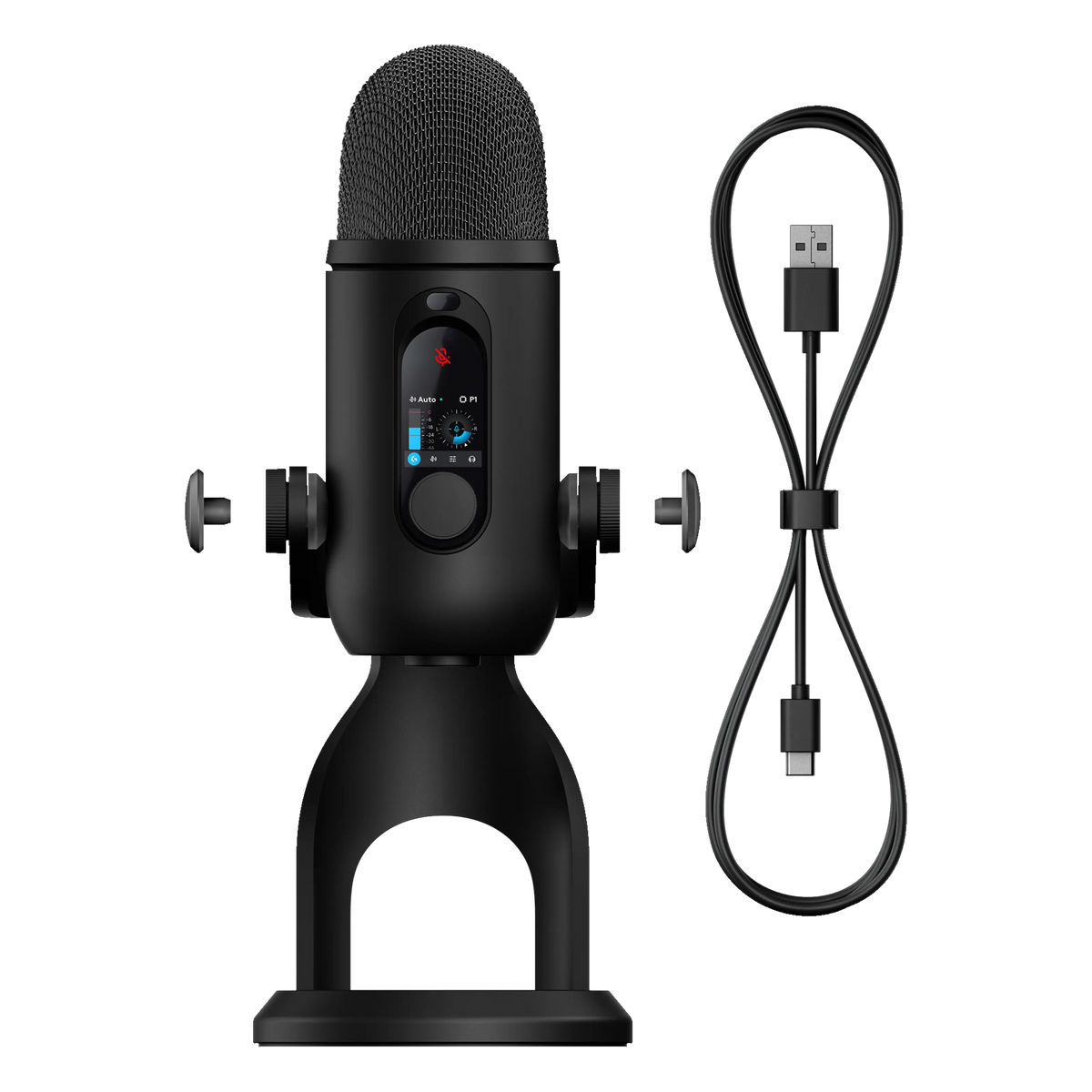 Logitech G Yeti 2 USB-mikrofon i sort med AI-støjreduktion, stativ, digitalt display og USB-C-kabel.