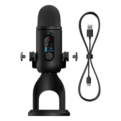 Logitech G Yeti 2 USB-mikrofon i sort med AI-støjreduktion, stativ, digitalt display og USB-C-kabel.