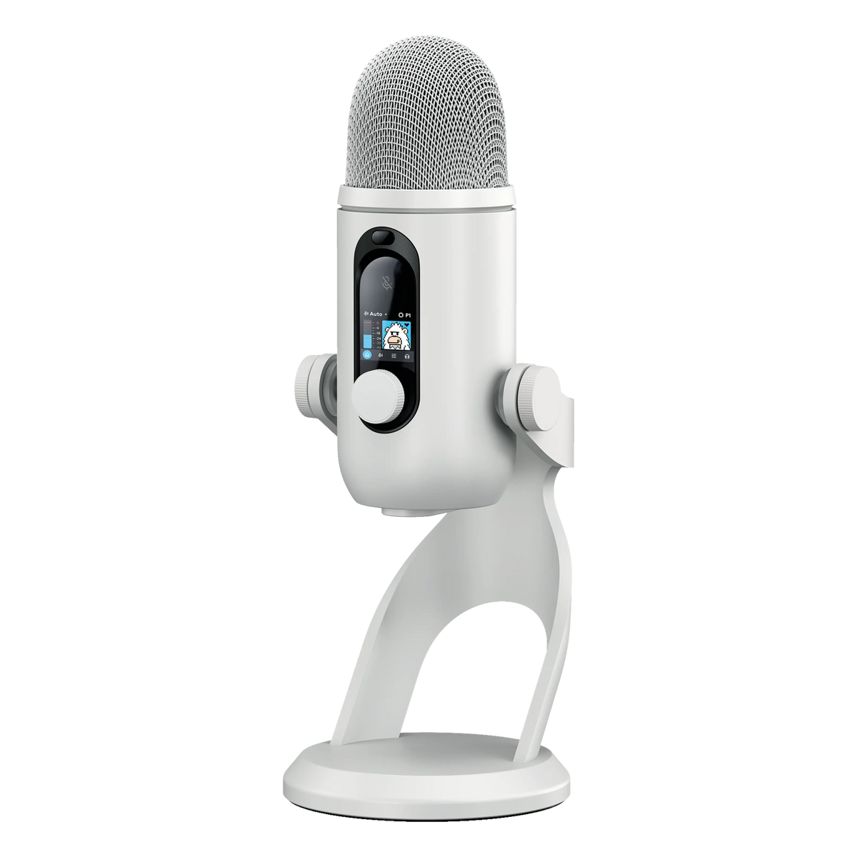 Logitech G Yeti 2 USB-mikrofon i hvid med digitalt display, kontrolknap og stativ.