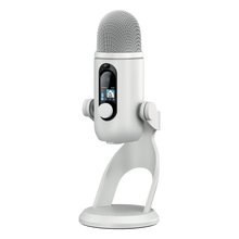 Logitech G Yeti 2 USB-mikrofon i hvid med digitalt display, kontrolknap og stativ.