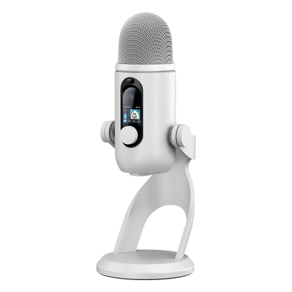 Logitech G Yeti 2 USB-mikrofon i hvid med digitalt display, kontrolknap og stativ.
