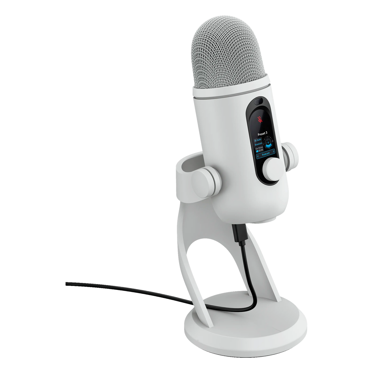 Logitech G Yeti 2 USB-mikrofon i hvid med AI-støjreduktion, digitalt display, stativ og sort kabel.