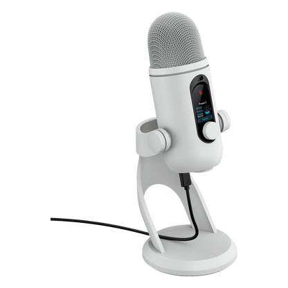 Logitech G Yeti 2 USB-mikrofon i hvid med AI-støjreduktion, digitalt display, stativ og sort kabel.