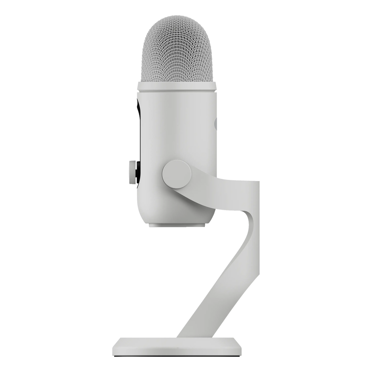Logitech G Yeti 2 USB-mikrofon i hvid med AI-støjreduktion på stativ, set fra siden.