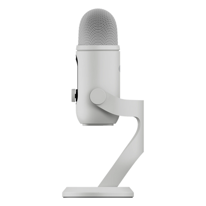Logitech G Yeti 2 USB-mikrofon i hvid med AI-støjreduktion på stativ, set fra siden.