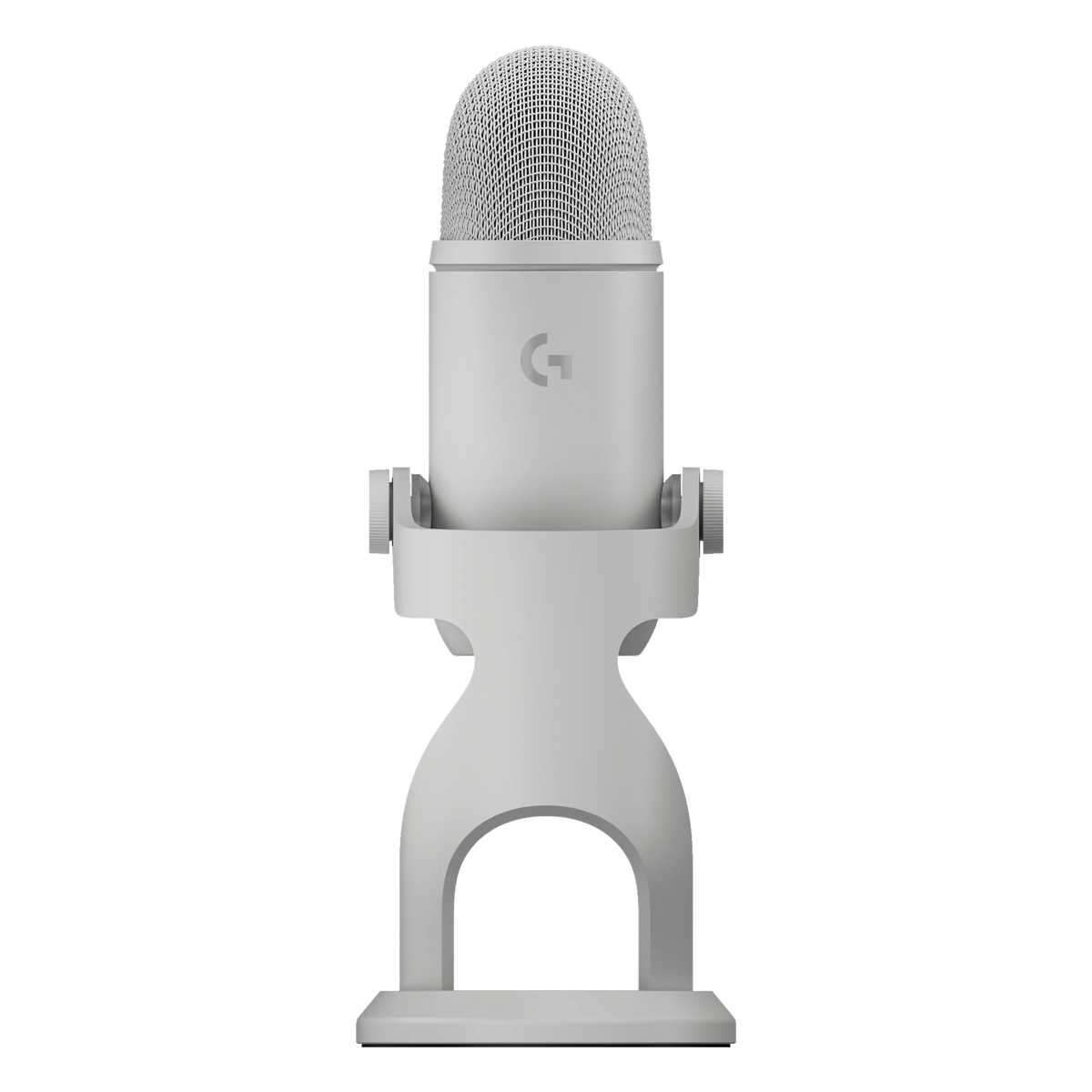 Logitech G Yeti 2 USB-mikrofon i hvid med AI-støjreduktion på stativ, netgitter og cirkulært logo.