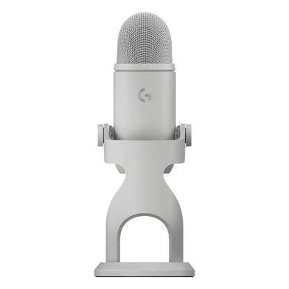 Logitech G Yeti 2 USB-mikrofon i hvid med AI-støjreduktion på stativ, netgitter og cirkulært logo.