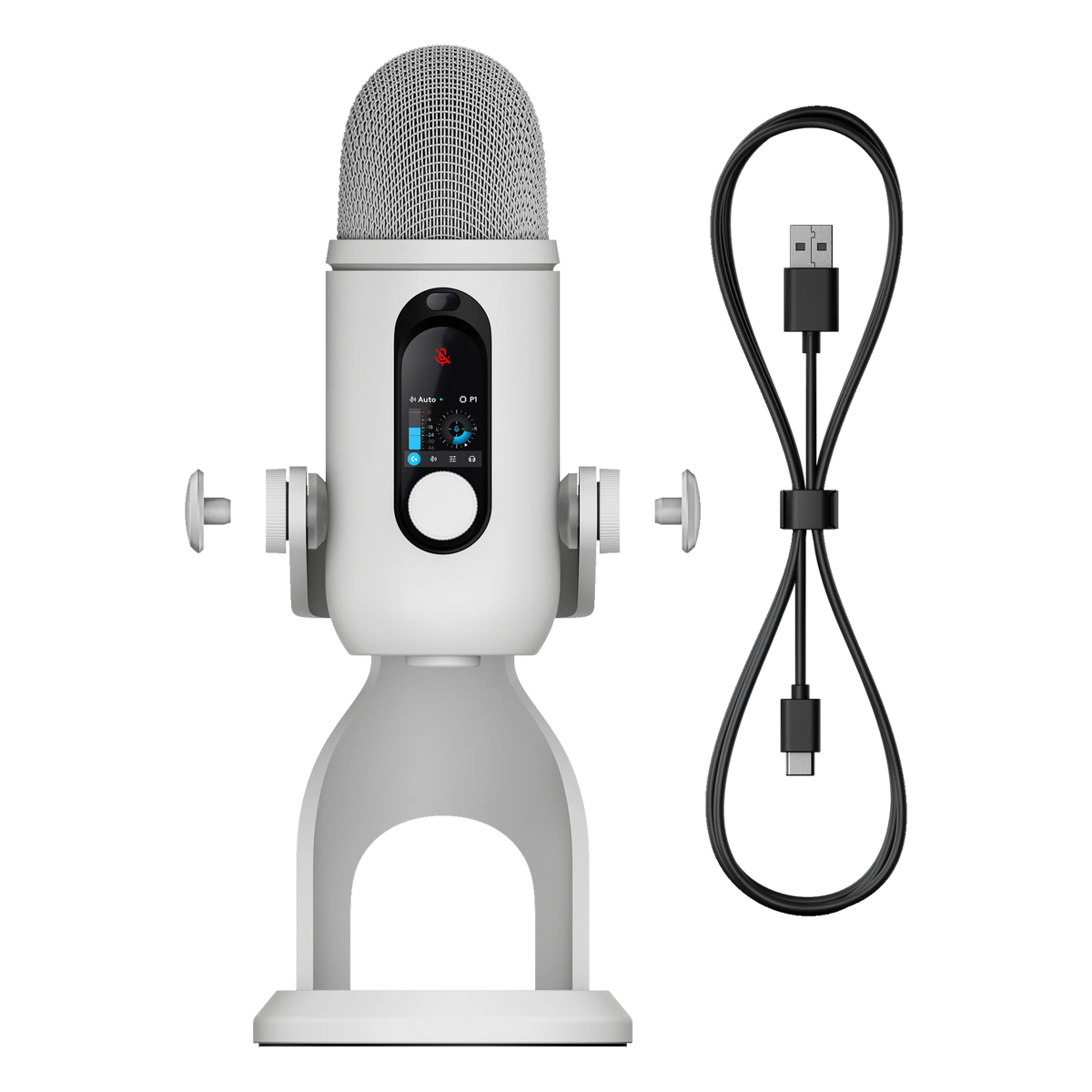 Logitech G Yeti 2 USB-mikrofon, hvid med sølvfarvet gitter, digitalt display, rund fod og sort USB-C-kabel.