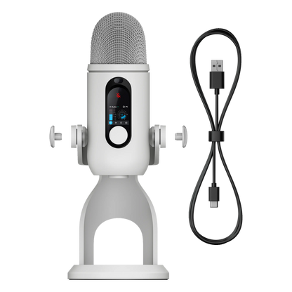 Logitech G Yeti 2 USB-mikrofon, hvid med sølvfarvet gitter, digitalt display, rund fod og sort USB-C-kabel.