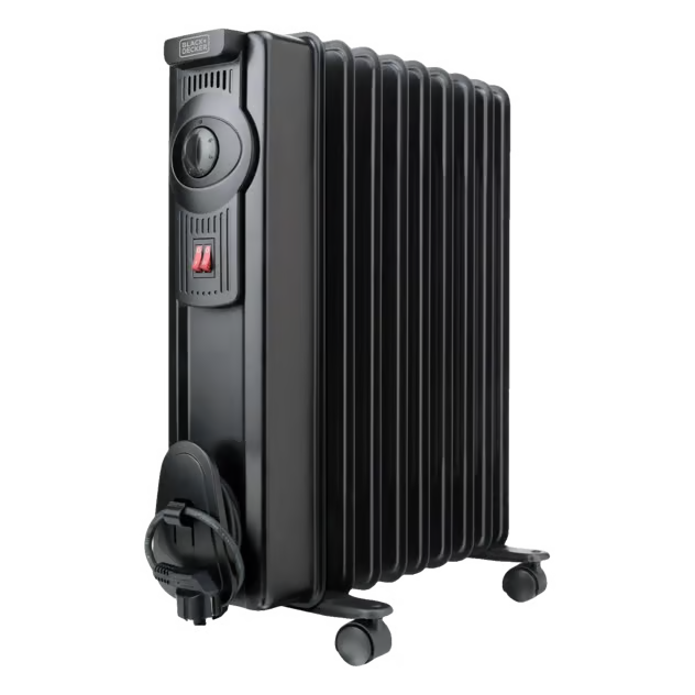 Black+Decker BXRA1500E oliefyldt radiator i sort med termostat, rød afbryder og ledningsoprul i bunden.