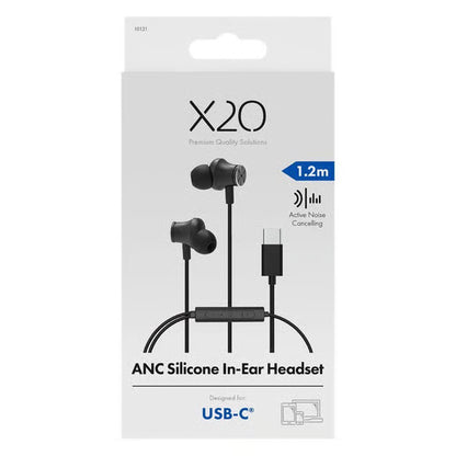 X2O ANC in-ear-høretelefoner i sort med aktiv støjreduktion, 1,2 m kabel, USB-C og fjernbetjening på ledningen i æske.
