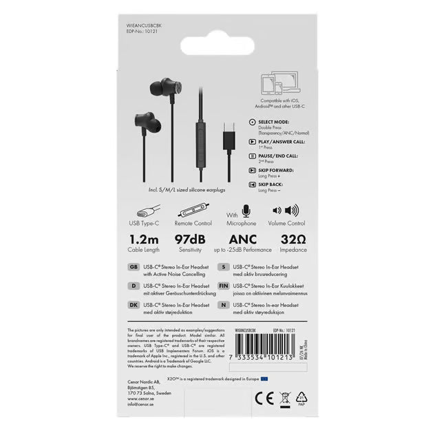 Bagsiden af den sorte emballage til X2O ANC in-ear-høretelefoner med USB-C, aktiv støjreduktion og 1,2 m kabel.