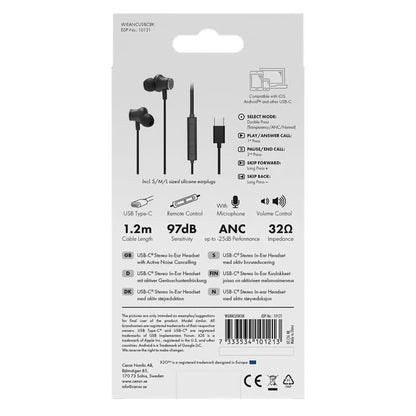 Bagsiden af den sorte emballage til X2O ANC in-ear-høretelefoner med USB-C, aktiv støjreduktion og 1,2 m kabel.