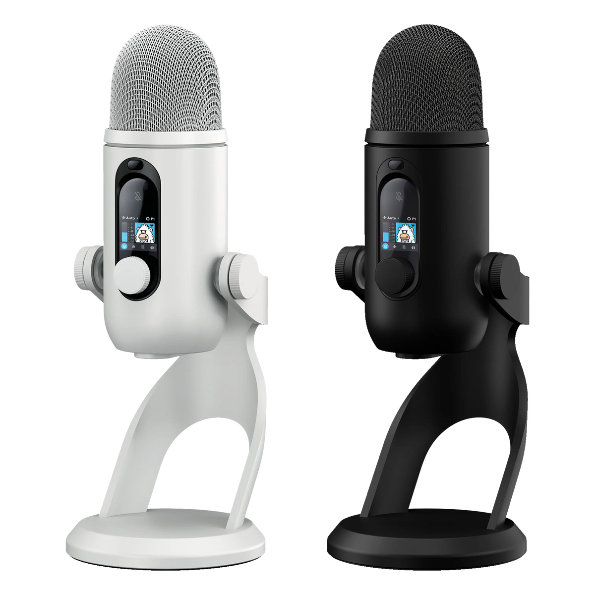 Logitech G Yeti 2 USB-mikrofoner i sort og hvid med AI-støjreduktion, stativ og digitalt display.