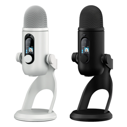 Logitech G Yeti 2 USB-mikrofoner i sort og hvid med AI-støjreduktion, stativ og digitalt display.