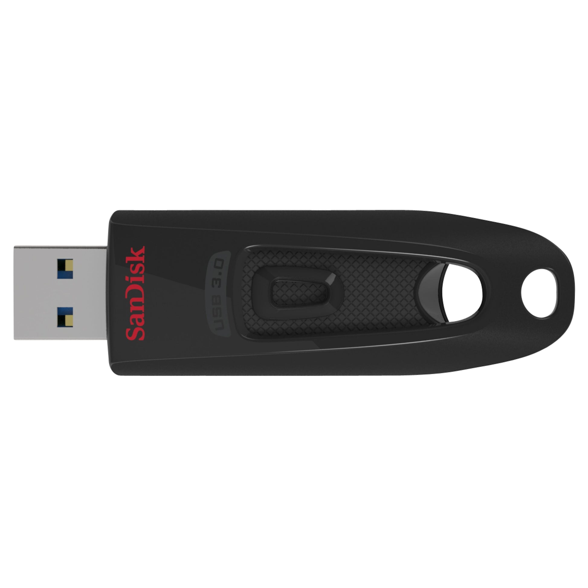 Sandisk Ultra 3.0 USB-nøgle 512 GB sort, udtrækkelig stik, rød Sandisk-logo, USB 3.0-hastighed.