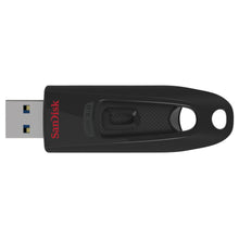 Sandisk Ultra 3.0 USB-nøgle 512 GB sort, udtrækkelig stik, rød Sandisk-logo, USB 3.0-hastighed.