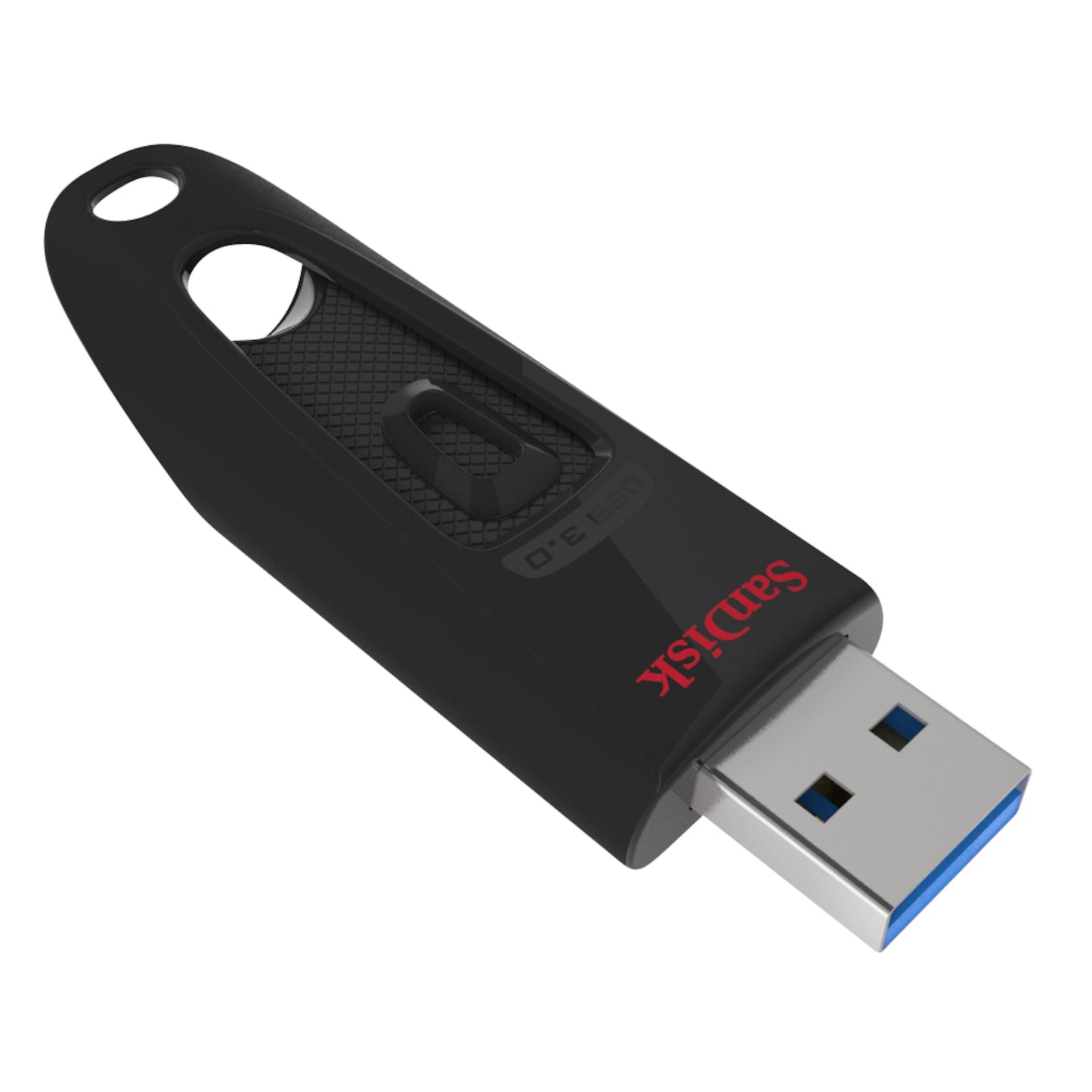 Sandisk Ultra USB 3.0 USB-nøgle 512 GB sort med blå stik, nøglering og rødt Sandisk-logo.