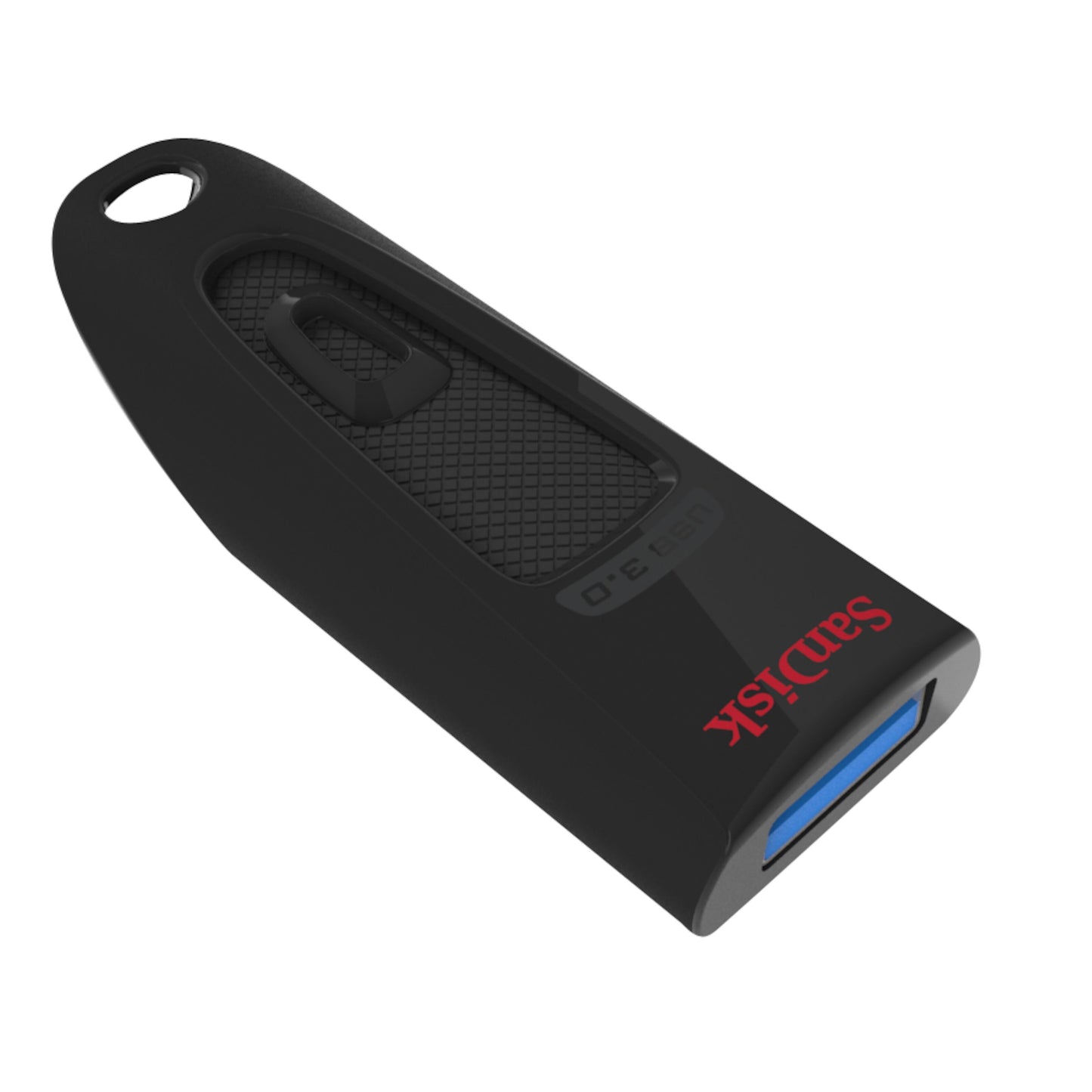 SanDisk Ultra 3.0 USB-nøgle 512GB sort med rødt logo, udtrækkelig USB-stik, tekstureret greb, nøglehul.
