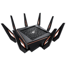 Asus ROG Rapture GT-AX11000 trådløs router, tri-band WiFi 6, otte eksterne antenner, orange detaljer, mønstret top.