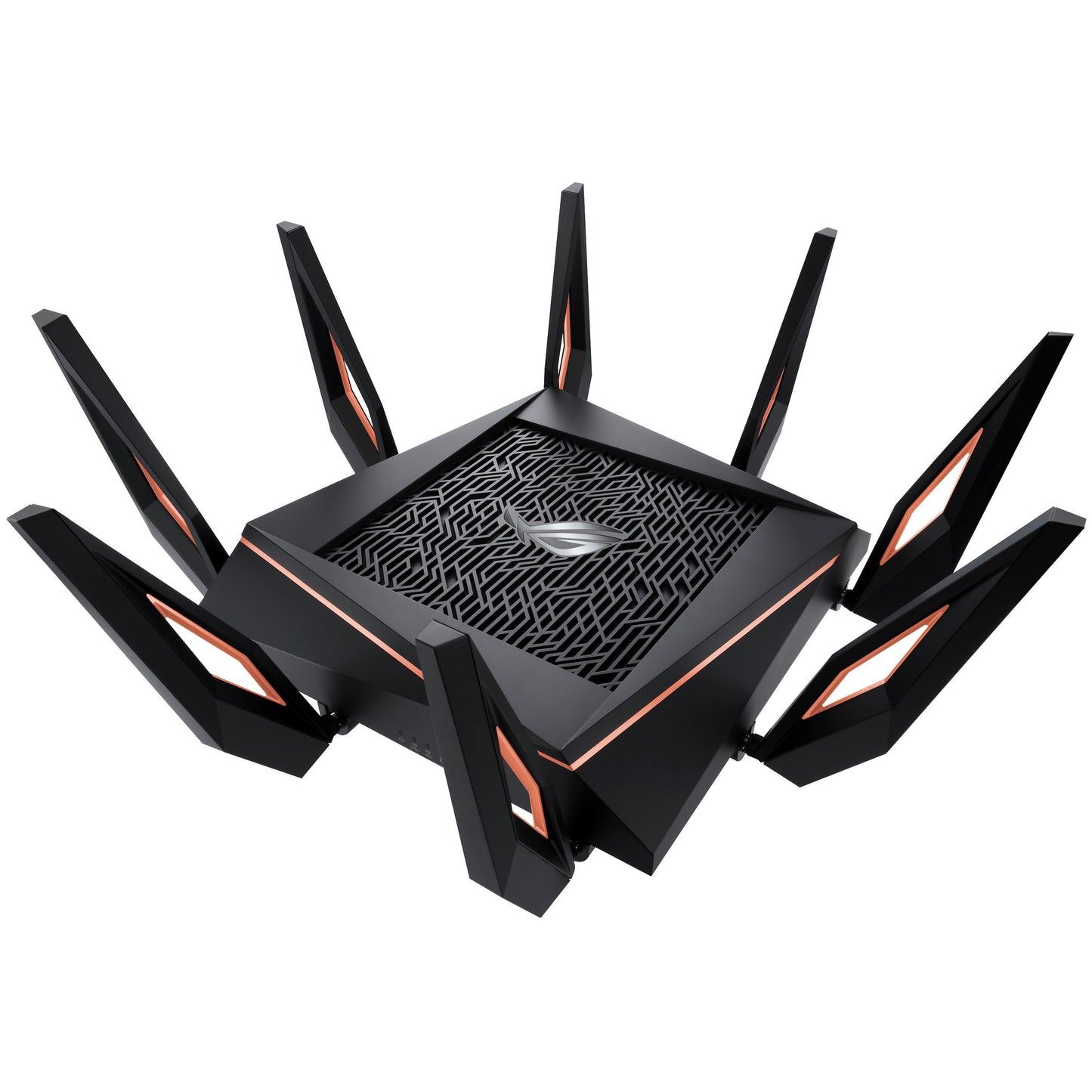 Asus ROG Rapture GT-AX11000 sort tri-band router med otte antenner, orange detaljer, mønstret topgrill og centralt logo.