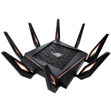 Asus ROG Rapture GT-AX11000 sort tri-band router med otte antenner, orange detaljer, mønstret topgrill og centralt logo.