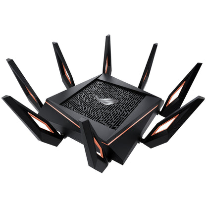 Asus ROG Rapture GT-AX11000 sort tri-band router med otte antenner, orange detaljer, mønstret topgrill og centralt logo.