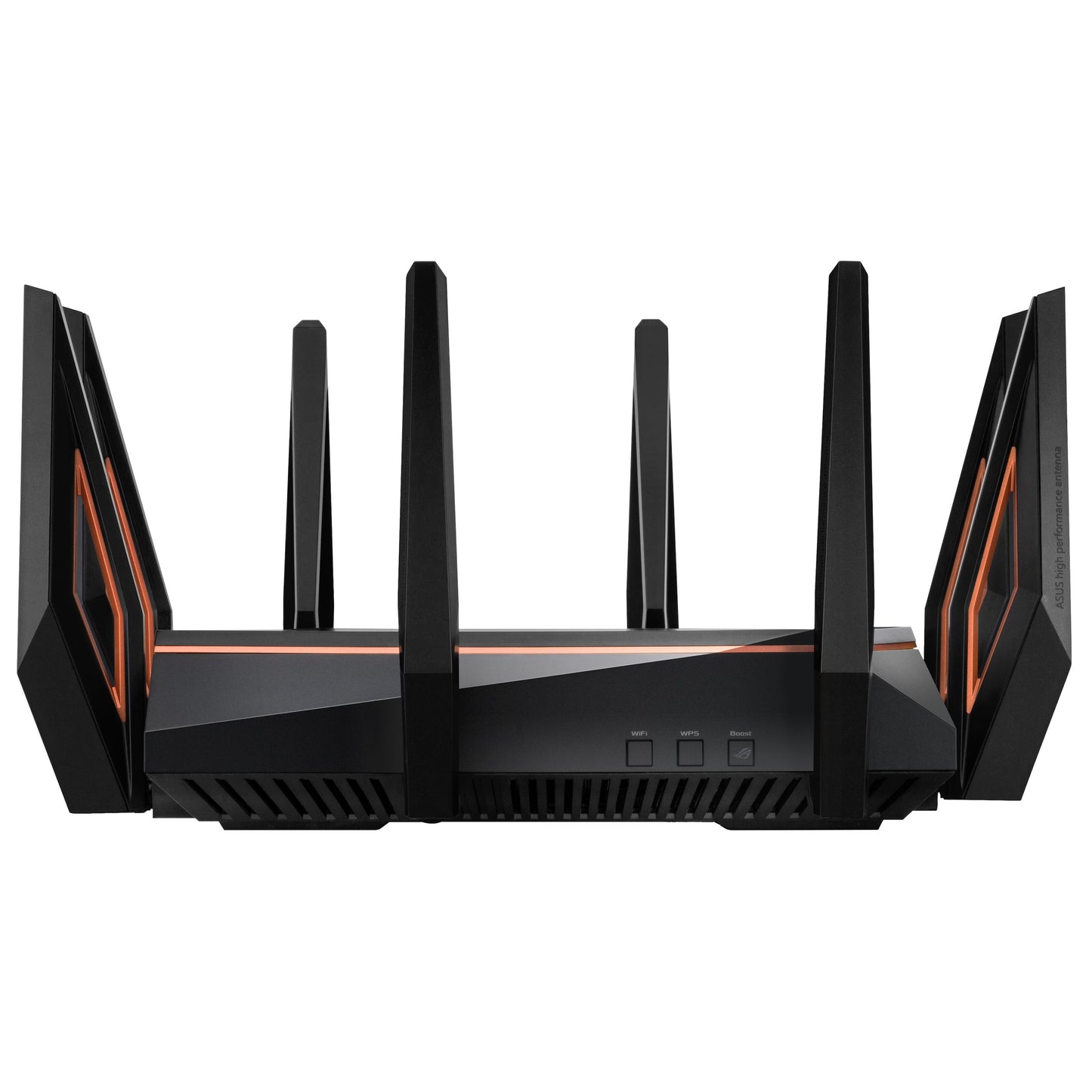 Asus ROG Rapture GT-AX11000 sort tri-band WiFi 6 router med seks antenner med orange detaljer, tre knapper, ventilationsriste.