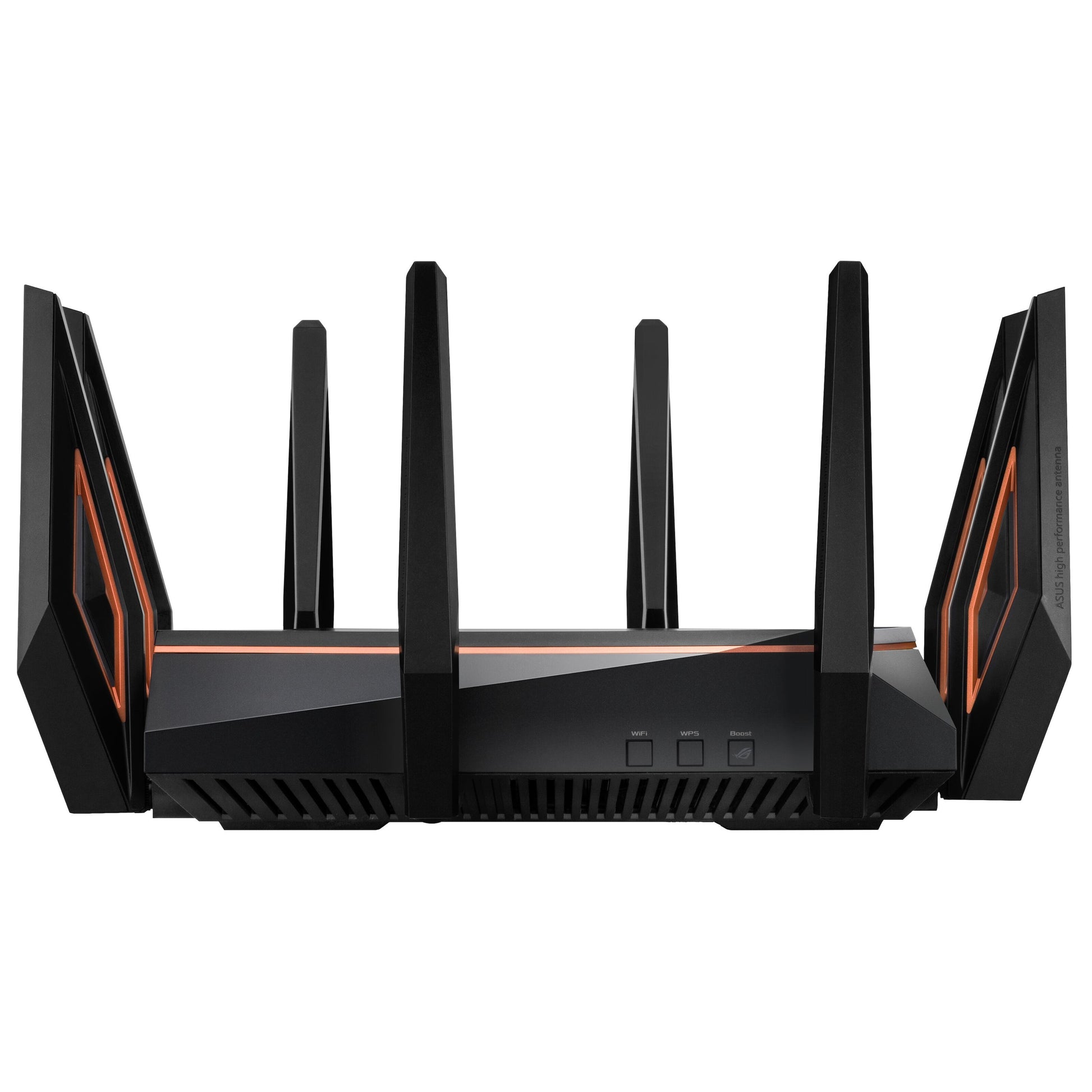 Asus ROG Rapture GT-AX11000 sort tri-band WiFi 6 router med seks antenner med orange detaljer, tre knapper, ventilationsriste.