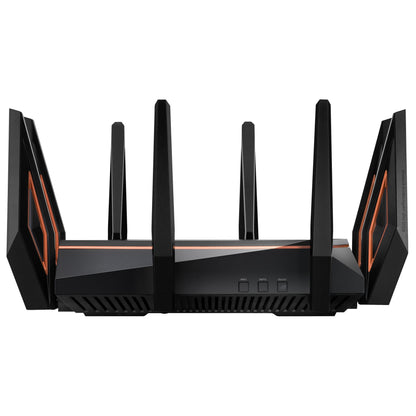 Asus ROG Rapture GT-AX11000 sort tri-band WiFi 6 router med seks antenner med orange detaljer, tre knapper, ventilationsriste.