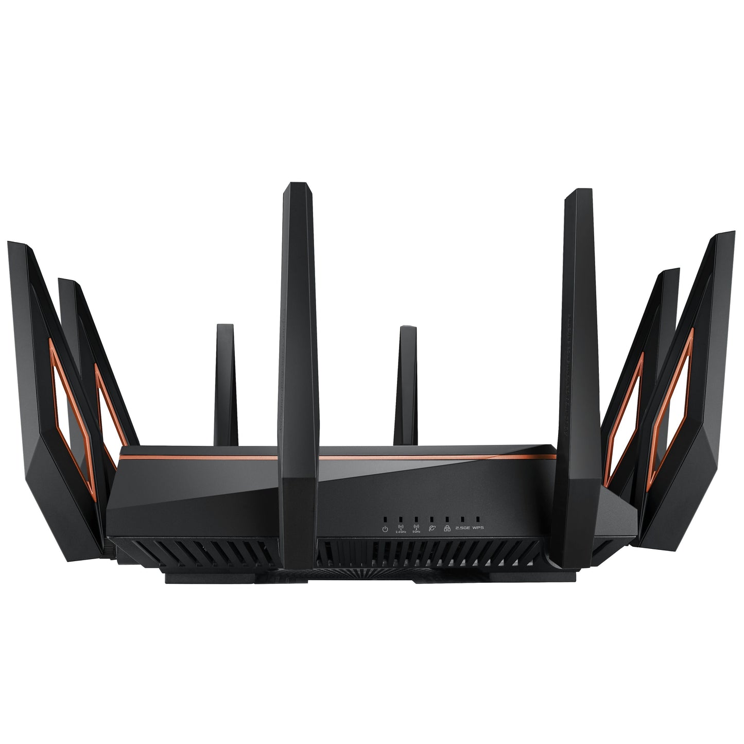 Asus ROG Rapture GT-AX11000 sort WiFi 6 tri-band router med otte antenner med orange detaljer, LED-lys og ventilationsgitter.