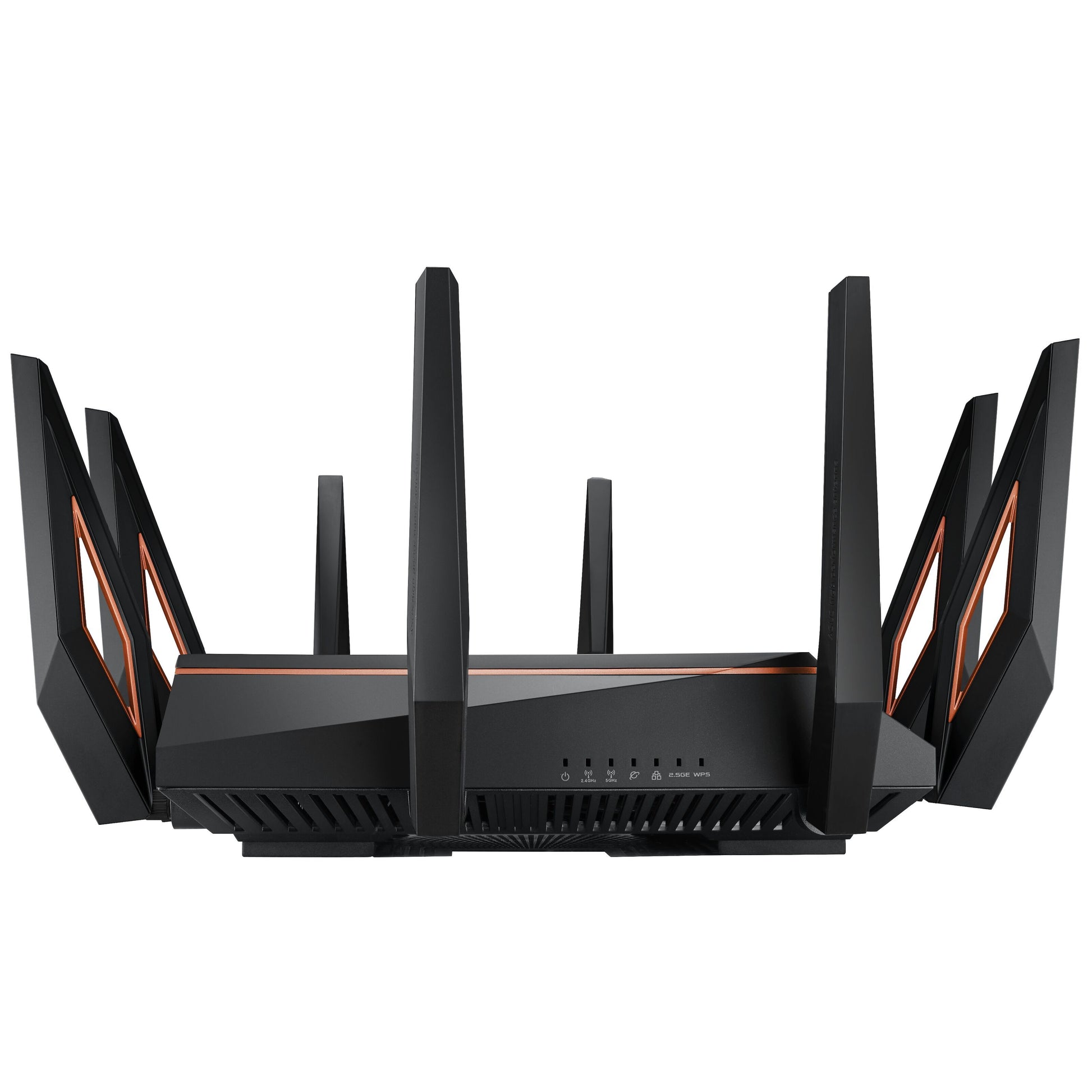 Asus ROG Rapture GT-AX11000 sort WiFi 6 tri-band router med otte antenner med orange detaljer, LED-lys og ventilationsgitter.