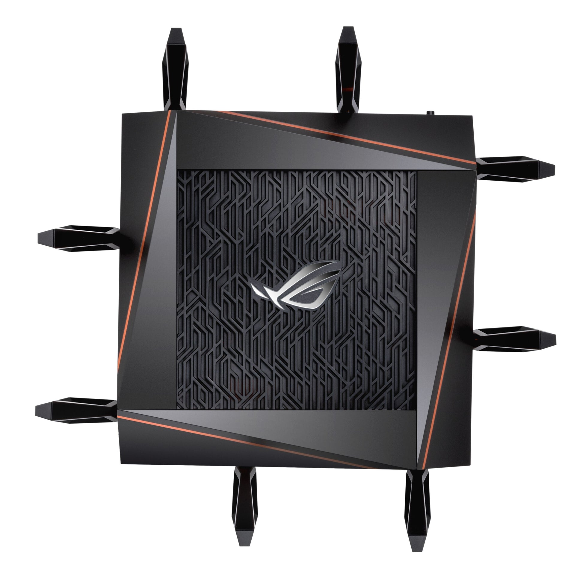 Asus ROG Rapture GT-AX11000 sort tri-band WiFi 6 router med geometrisk topmønster, lysende ROG-logo og otte antenner.