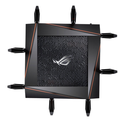 Asus ROG Rapture GT-AX11000 sort tri-band WiFi 6 router med geometrisk topmønster, lysende ROG-logo og otte antenner.