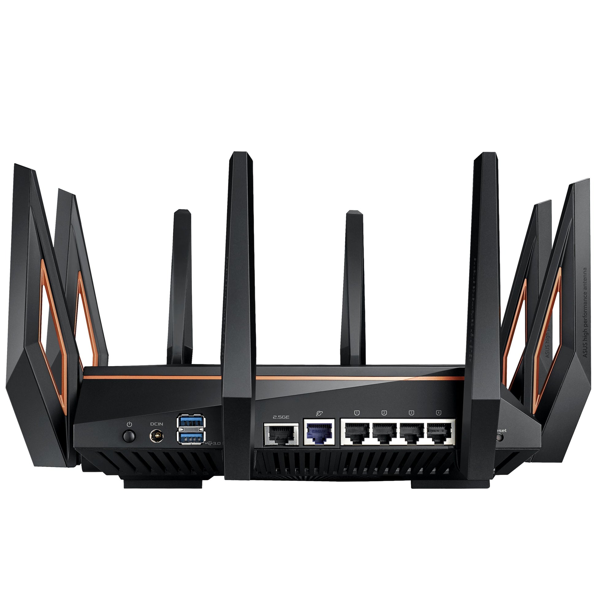 Asus ROG Rapture GT-AX11000 sort/orange tri-band router med seks antenner, Ethernet-porte, USB-port og strømstik bagpå.
