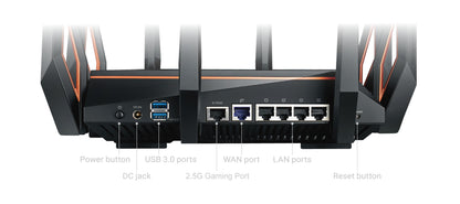 Asus ROG Rapture GT-AX11000 trådløs router bagpanel med strøm, DC-stik, USB 3.0, 2.5G, WAN, 4 LAN-porte og reset-knap.