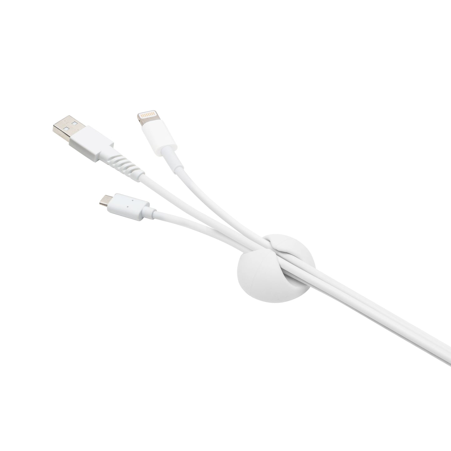 Luxorparts selvklæbende kabelholder hvid til USB-A, Lightning og USB-C ladekabler.