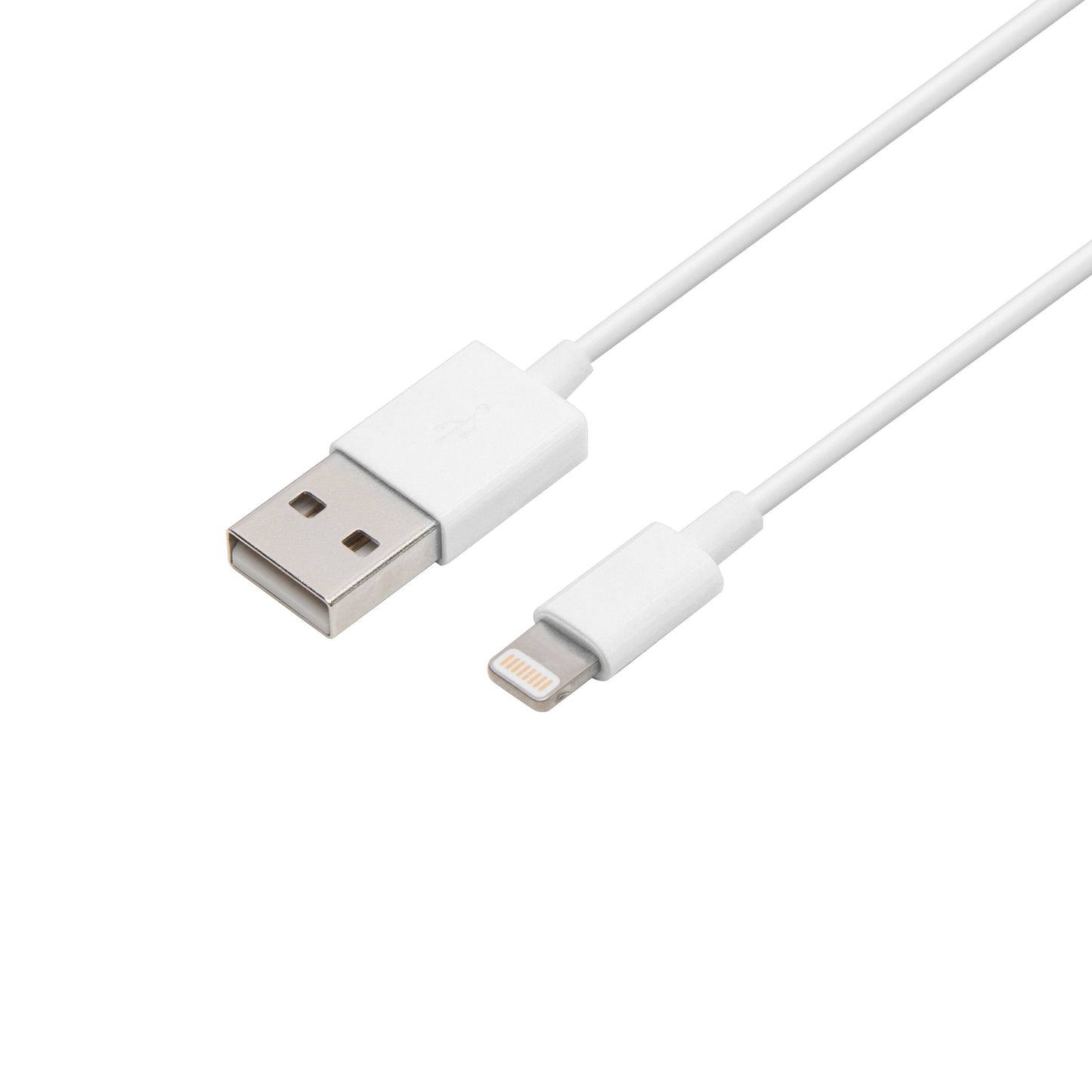 USB-A til Lightning-kabel MFi hvid 0,25 m opladerkabel produktbillede på ensfarvet hvid baggrund.