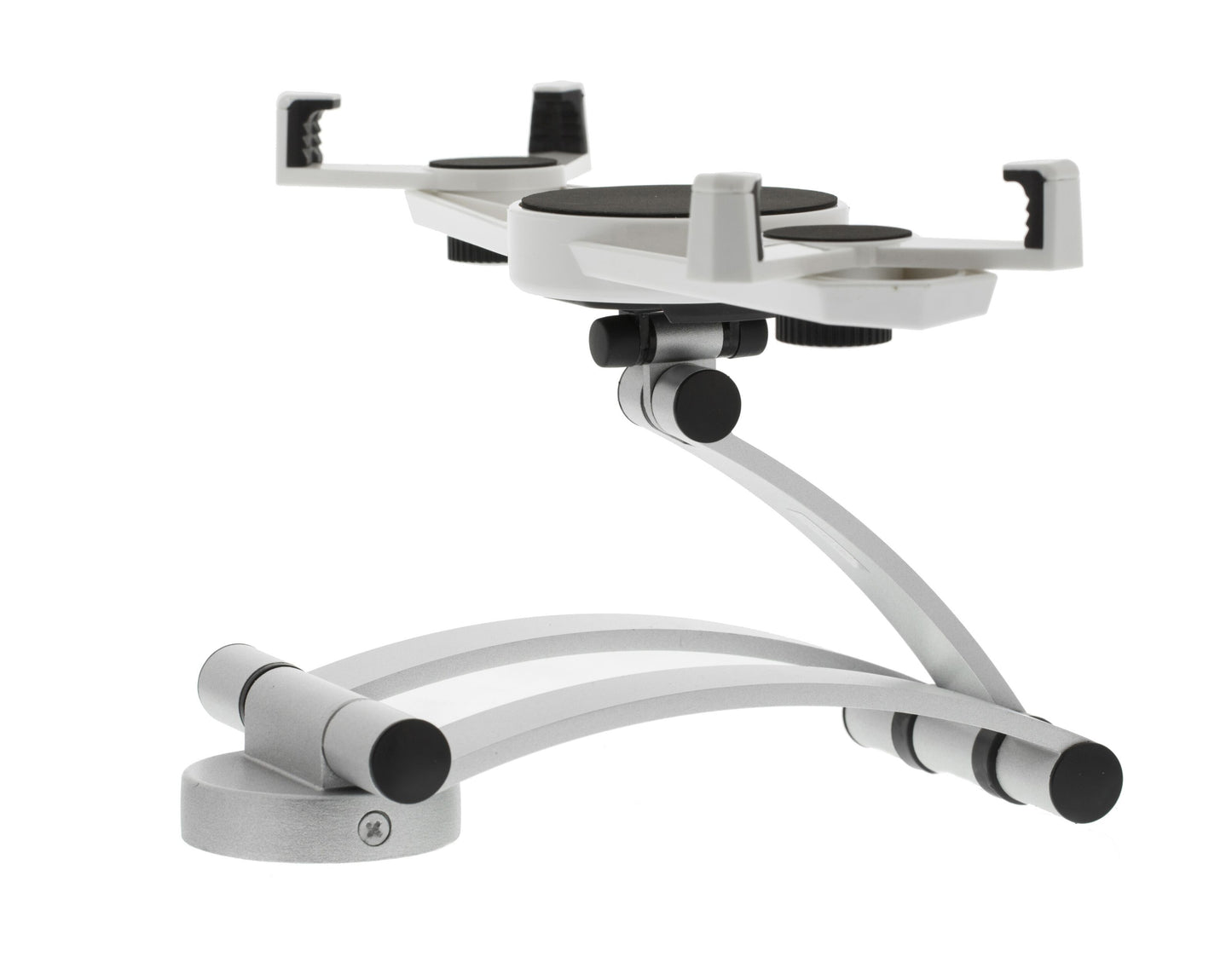 Vægbeslag til tablet 7-10,4", justerbart sølv/sort metal med buede arme, til montering af tablets eller telefoner.