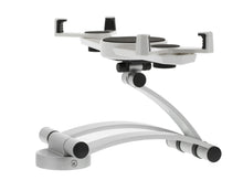 Vægbeslag til tablet 7-10,4", justerbart sølv/sort metal med buede arme, til montering af tablets eller telefoner.